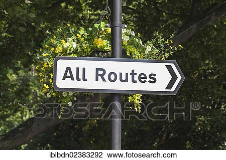 Stock Image - "All Routes black and white street sign, England, United Kingdom, Europe". Fotosearch