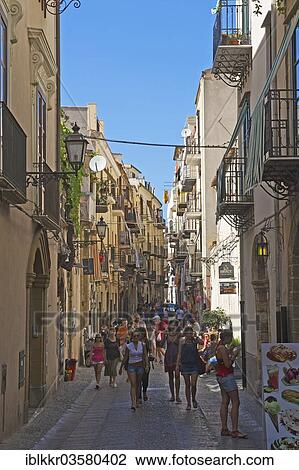Stock Image - "Alley in the historic town centre, Cefalu, Province of Palermo, Sicily, Italy, Europe". Fotosearch