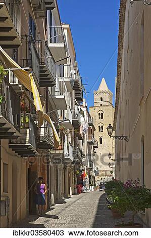 Stock Image - "Alley in the historic town centre, Cefalu, Province of Palermo, Sicily, Italy, Europe". Fotosearch