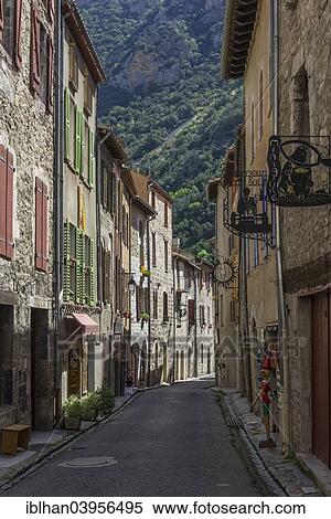 Stock Photography - "Alley in the old town, Villefranche-de-Conflent, Languedoc-Roussillon, France, Europe". Fotosearch