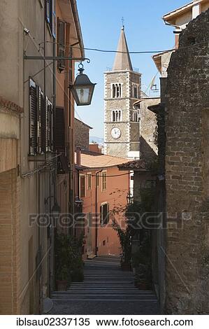 Stock Photography - "Alley with steps, Via Thomas Mann street, view of the spire of the Cathedral of Sant'Agapito, Palestrina, Lazio, Italy, Southern Europe, Europe". Fotosearch