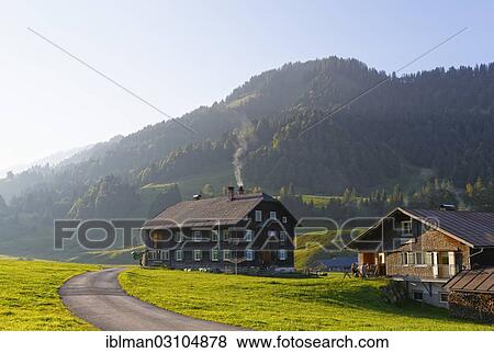 Stock Photo - "Almdorf, village on an alpine pasture, Vorsass Schonenbach, Bezau, Bregenzerwald, Bregenzer Wald, Vorarlberg, Austria, Europe". Fotosearch