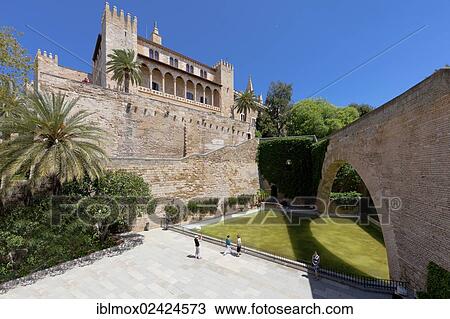 Stock Image - Almudaina Palace, Palau de l'Almudaina, Avinguda de Gabriel Roca, Parc de la Mar, old town, Ciutat Antiga, Palma de Mallorca, Majorca, Balearic Islands, Spain, Europe. Fotosearch