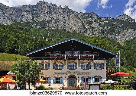"Alpenhof guesthouse in front of Mt Reiter Alpe, Hintersee, Ramsau bei Berchtesgaden, Berchtesgadener Land District, Upper Bavaria, Bavaria, Germany, Europe" View Large Photo Image Stock Image - "Alpenhof guesthouse in front of Mt Reiter Alpe, Hintersee, Ramsau bei Berchtesgaden, Berchtesgadener Land District, Upper Bavaria, Bavaria, Germany, Europe". Fotosearch