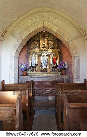 Stock Image - "Altar with statue of Mary, wayside chapel, Mondsee, Salzkammergut, Upper Austria, Austria, Europe". Fotosearch