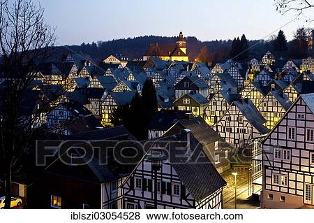 "Alter Flecken"""", historic town centre with half-timbered houses, at dusk, Freudenberg, North Rhine-Westphalia, Germany, Europe" View Large Photo Image Stock Photo - "Alter Flecken"""", historic town centre with half-timbered houses, at dusk, Freudenberg, North Rhine-Westphalia, Germany, Europe". Fotosearch