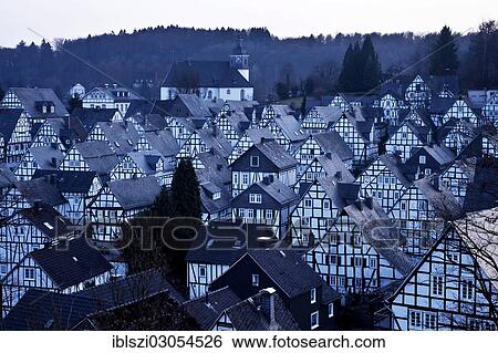 "Alter Flecken"""", historic town centre with half-timbered houses, at dusk, Freudenberg, North Rhine-Westphalia, Germany, Europe" View Large Photo Image Stock Photograph - "Alter Flecken"""", historic town centre with half-timbered houses, at dusk, Freudenberg, North Rhine-Westphalia, Germany, Europe". Fotosearch