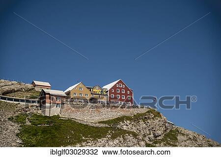Stock Image - "Alter Saentis mountain inn on Saentis Mountain, Gipfel, Saentis, Canton of Appenzell Ausserrhoden, Switzerland, Europe". Fotosearch