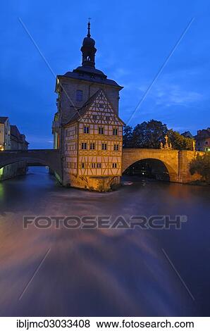 Stock Photo - "Altes Rathaus, Old Town Hall, UNESCO World Heritage site, at dusk, Bamberg, Upper Franconia, Bavaria, Germany, Europe". Fotosearch