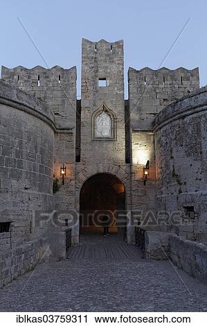Stock Image - "Amboise Gate, medieval bastion, blue hour, historic town centre, Rhodes, Island of Rhodes, Dodecanese, Greece, Europe". Fotosearch