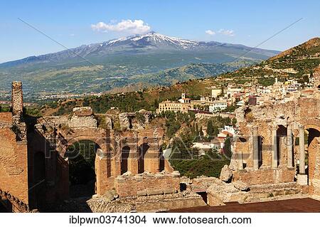 Picture - "Ampitheatre with Mount Etna volcano in the distance, Taormina, Province of Messina, Sicily, Italy, Europe". Fotosearch
