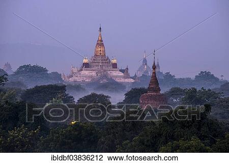 Stock Image - "Ananda Temple in the morning fog, blue hour, gilded tower structure or Shikhara, stupas, pagodas, temple complex, Plateau of Bagan, Mandalay Division, Burma or Myanmar". Fotosearch