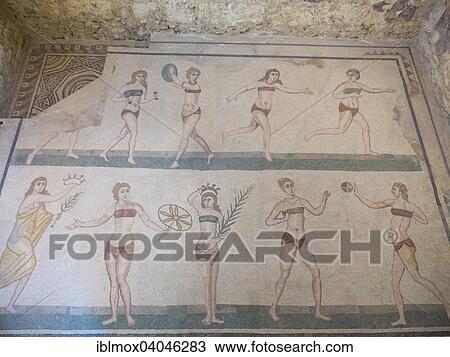 "Ancient Roman mosaic, bikini girls, 2 mosaics on top of each other, Villa Romana del Casale, UNESCO World Heritage Site, near Piazza Armerina, Province of Enna, Sicily, Italy, Europe" View Large Photo Image Stock Image - "Ancient Roman mosaic, bikini girls, 2 mosaics on top of each other, Villa Romana del Casale, UNESCO World Heritage Site, near Piazza Armerina, Province of Enna, Sicily, Italy, Europe". Fotosearch