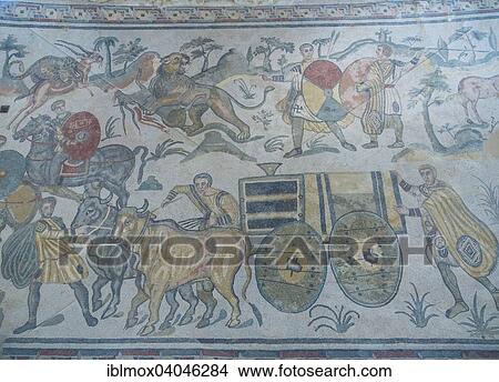"Ancient Roman mosaic, fighting and hunting, Villa Romana del Casale, UNESCO World Heritage Site, near Piazza Armerina, Province of Enna, Sicily, Italy, Europe" View Large Photo Image Picture - "Ancient Roman mosaic, fighting and hunting, Villa Romana del Casale, UNESCO World Heritage Site, near Piazza Armerina, Province of Enna, Sicily, Italy, Europe". Fotosearch