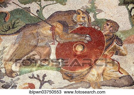 "Ancient Roman mosaic of a hunter and a lion, at the Villa Romana del Casale, near Piazza Armerina, Sicily, Italy, Europe" View Large Photo Image Stock Image - "Ancient Roman mosaic of a hunter and a lion, at the Villa Romana del Casale, near Piazza Armerina, Sicily, Italy, Europe". Fotosearch