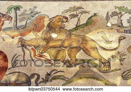 "Ancient Roman mosaic of a lion being hunted, at the Villa Romana del Casale, near Piazza Armerina, Sicily, Italy, Europe" View Large Photo Image Picture - "Ancient Roman mosaic of a lion being hunted, at the Villa Romana del Casale, near Piazza Armerina, Sicily, Italy, Europe". Fotosearch