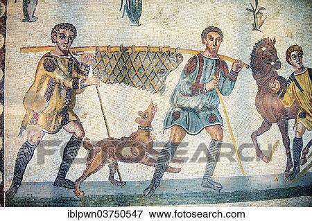 "Ancient Roman mosaic of hunters returning from the hunt, at the Villa Romana del Casale, near Piazza Armerina, Sicily, Italy, Europe" View Large Photo Image Stock Photo - "Ancient Roman mosaic of hunters returning from the hunt, at the Villa Romana del Casale, near Piazza Armerina, Sicily, Italy, Europe". Fotosearch