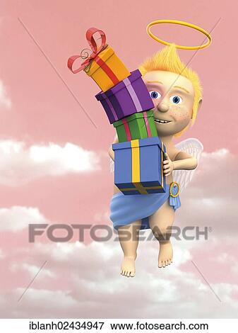 Stock Photo - "Angel holding a stack of gifts, flying". Fotosearch