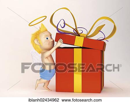 Stock Image - Angel opening a gift. Fotosearch