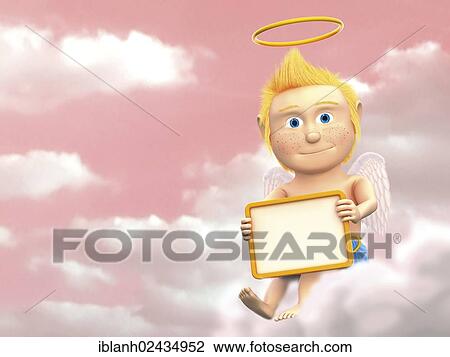 Stock Image - Angel sitting on a cloud holding an empty sign. Fotosearch