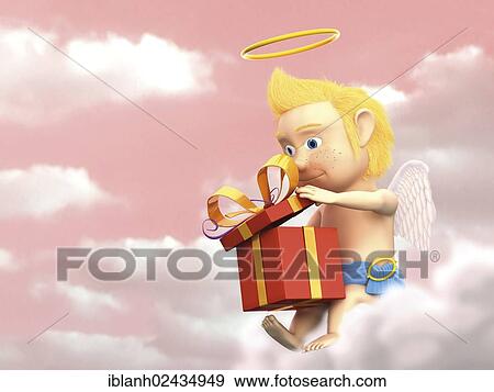 Stock Photo - Angel sitting on a cloud opening a gift. Fotosearch