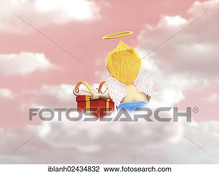 "Angel sitting on a cloud with a gift, seen from behind" View Large Photo Image Stock Image - "Angel sitting on a cloud with a gift, seen from behind". Fotosearch