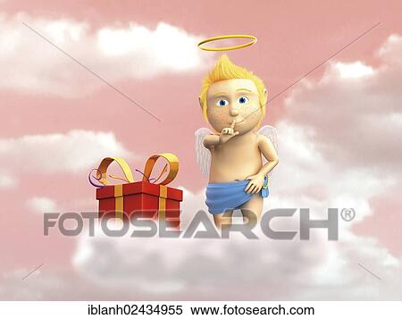Stock Photography - "Angel standing on a cloud with a gift, hush gesture". Fotosearch