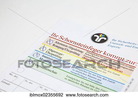 Stock Image - "Announcement form from a chimney sweep to control and clean the chimney exhaust pipe, to do an inspection for the CO check with pollution control measurements and to view the fireplace, Hesse, Germany, Europe". Fotosearch