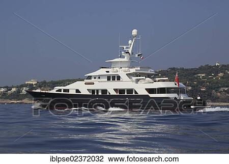 Stock Image - "Antinea, a cruiser built by Sterling Yachts, length: 43. 28 meters, built in 1985, off Cap Ferrat, French Riviera, France, Mediterranean Sea, Europe". Fotosearch