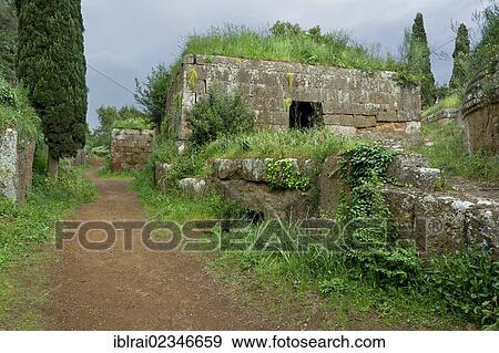 Stock Photo - "Antique cube grave, Tomba a Dado, Etruscan Necropolis of La Banditaccia, Necropoli della Banditaccia, Cerveteri, province of Rome, Lazio region, Italy, Europe". Fotosearch