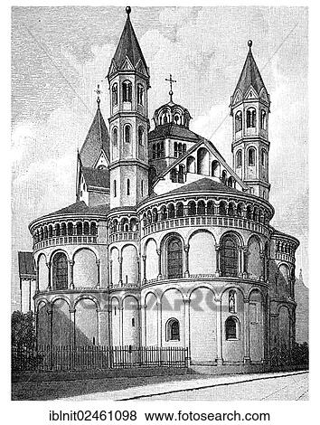 Stock Photo - "Apostle Church in Cologne, started in 1200, illustration, Meyers Konversations-Lexikon encyclopedia, 1897". Fotosearch