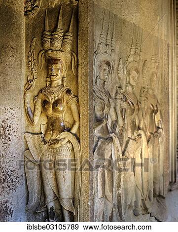 Stock Photo - "Apsara dancers, sandstone reliefs in the temple of Angkor Wat, UNESCO World Cultural Heritage Site, Siem Reap, Siem Reap Province, Cambodia, Asia". Fotosearch