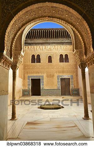 "Arabesque Moorish architecture of an inner courtyard of the Palacios Nazaries, Alhambra Palace, Granada, Andalusia, Spain, Europe" View Large Photo Image Stock Photo - "Arabesque Moorish architecture of an inner courtyard of the Palacios Nazaries, Alhambra Palace, Granada, Andalusia, Spain, Europe". Fotosearch