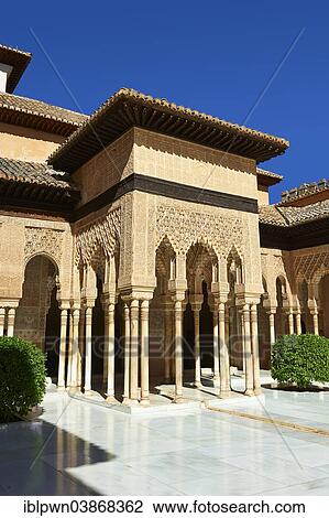 "Arabesque Moorish architecture of the Patio de los Leones or Court of the Lions, Palacios Nazaries, Alhambra Palace, Granada, Andalusia, Spain, Europe" View Large Photo Image Stock Image - "Arabesque Moorish architecture of the Patio de los Leones or Court of the Lions, Palacios Nazaries, Alhambra Palace, Granada, Andalusia, Spain, Europe". Fotosearch