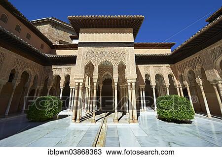 "Arabesque Moorish architecture of the Patio de los Leones or Court of the Lions, Palacios Nazaries, Alhambra Palace, Granada, Andalusia, Spain, Europe" View Large Photo Image Stock Image - "Arabesque Moorish architecture of the Patio de los Leones or Court of the Lions, Palacios Nazaries, Alhambra Palace, Granada, Andalusia, Spain, Europe". Fotosearch