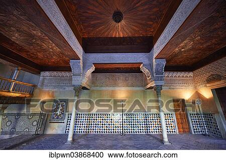 Stock Image - "Arabesque Moorish architecture of the Mexuar administrative rooms in the Palacios Nazaries, Alhambra Palace, Alhambra, Granada, Andalusia, Spain, Europe". Fotosearch