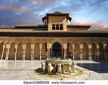 "Arabesque Moorish architecture of the Patio de los Leones or Court of the Lions, Palacios Nazaries, Alhambra Palace, Granada, Andalusia, Spain, Europe" View Large Photo Image Stock Photograph - "Arabesque Moorish architecture of the Patio de los Leones or Court of the Lions, Palacios Nazaries, Alhambra Palace, Granada, Andalusia, Spain, Europe". Fotosearch