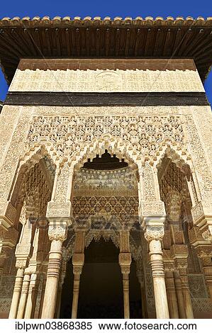 Stock Photography - "Arabesque Moorish architecture of the Patio de los Leones or Court of the Lions, Palacios Nazaries, Alhambra Palace, Granada, Andalusia, Spain, Europe". Fotosearch