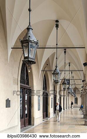 Stock Image - "Arcades at Sukiennice, Renaissance Cloth Hall, on Rynek Glowny or Main Market Square, Krakow, Poland, Europe". Fotosearch