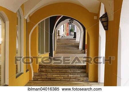 Stock Photography - "Arcades in the historic centre, Wasserburg am Inn, Chiemgau, Upper Bavaria, Bavaria, Germany, Europe". Fotosearch