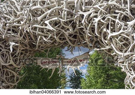 Stock Image - "Arch made of wapiti antlers, Town Square, Jackson, Wyoming, United States, North America". Fotosearch