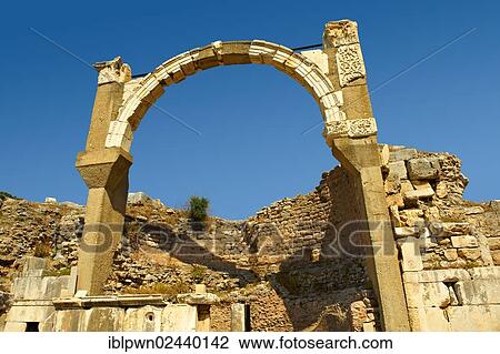 "Arch of the Roman Pollio fountain, early 1st century B. C., Ephesus Archaeological Site, Anatolia, Turkey, Asia" View Large Photo Image Stock Image - "Arch of the Roman Pollio fountain, early 1st century B. C., Ephesus Archaeological Site, Anatolia, Turkey, Asia". Fotosearch