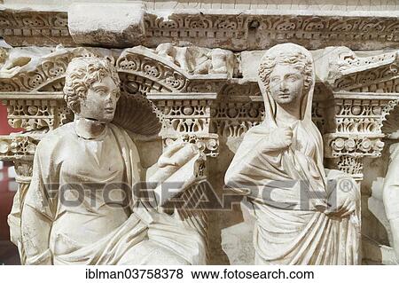 Stock Photo - "Archaeological Museum, marble frieze on the sarcophagus of Domitias Julianus and Domita Philiska from Perge, 2nd century AD, Antalya, Antalya Province, Turkey, Asia". Fotosearch