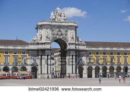 Stock Photograph - Arco Triunfal da Rua Augusta, Rua Augusta Arch, Praca do Comercio, Commerce Square, Terreiro do Paco, Palace Square, Lisboa, Lisbon, Portugal, Europe. Fotosearch