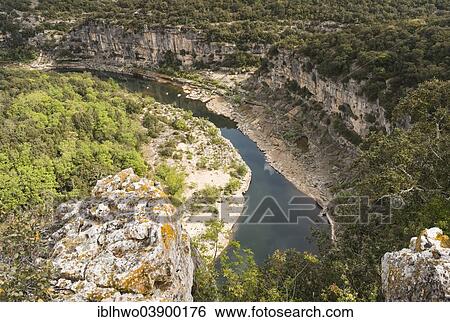 Stock Photograph - "Ardeche Gorges, Gorges de l'Ardeche, view from the Belvedere de Ranc-Pointu lookout on the panoramic road D290, Saint-Martin d'Ardeche, Rhone-Alpes, France, Europe". Fotosearch