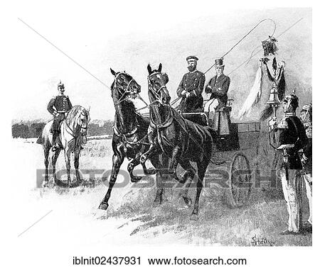 Stock Image - "Arrival of the remounts, an illustration from Moderne Kunst in Meisterholzschnitten, a yearbook from 1900". Fotosearch