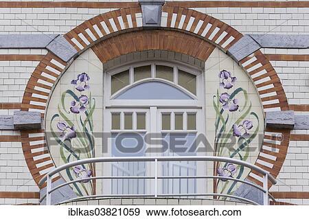 Stock Photo - "Art Deco window with lily tiles, Blankenberge, West Flanders, Belgium, Europe". Fotosearch