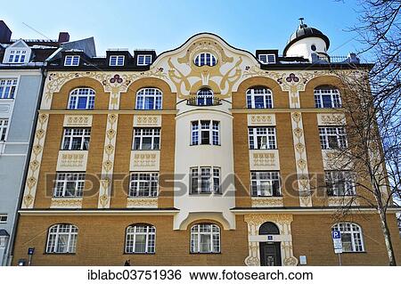 Stock Photograph - "Art Nouveau facade, Jacques Lasserre, Bogenhausen, Munich, Upper Bavaria, Bavaria, Germany, Europe". Fotosearch