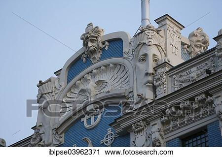 Stock Image - "Art Nouveau facade of the house Eliza iela 10b or Elizabeth Street 10b, architect Mikhail Eisenstein, Riga, Latvia, Europe". Fotosearch