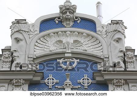 "Art Nouveau facade of the house Eliza iela 10b or Elizabeth Street 10b, architect Mikhail Eisenstein, Riga, Latvia, Europe" View Large Photo Image Stock Photograph - "Art Nouveau facade of the house Eliza iela 10b or Elizabeth Street 10b, architect Mikhail Eisenstein, Riga, Latvia, Europe". Fotosearch